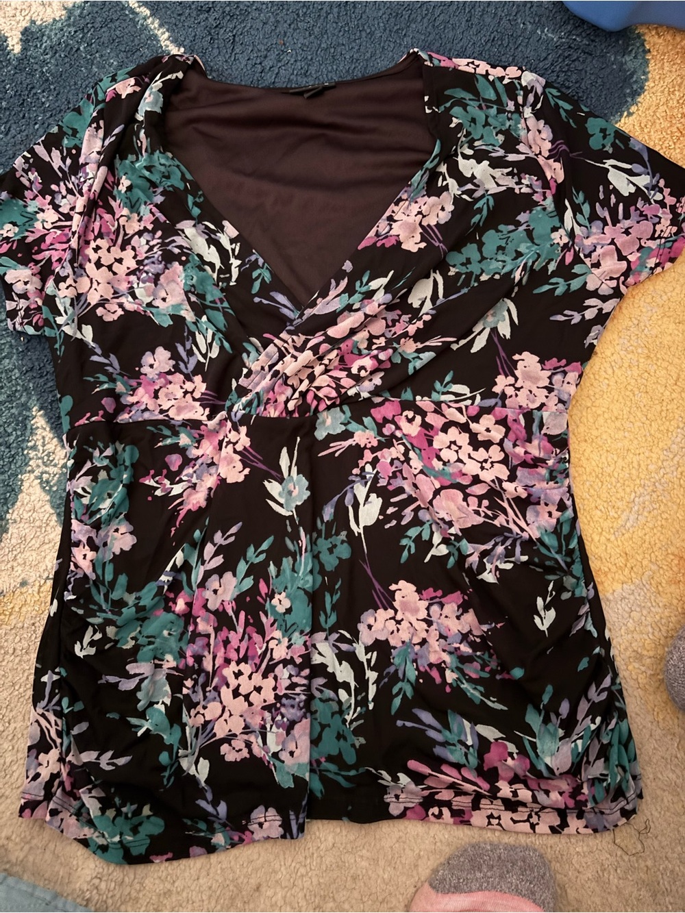 torrid Black Floral V-Neck Wrap Top with Pink & Teal Blooms